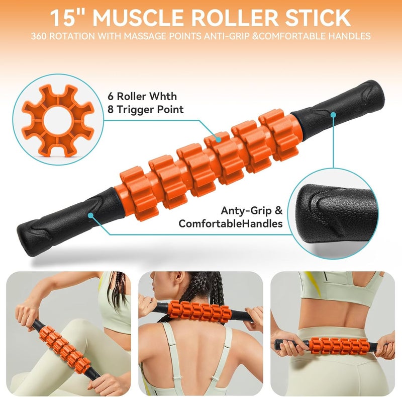Krightlink 5 in 1 Foam Roller Set for Deep Tissue Muscle Massage, Trigger Point Fitness Exercise Foam Roller, Massage Roller, Massage Ball, Stretching Strap, for Whole Body (Orange Black) - Image 3